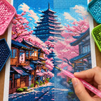 Diamond painting process for Springtime In The Pagoda Village