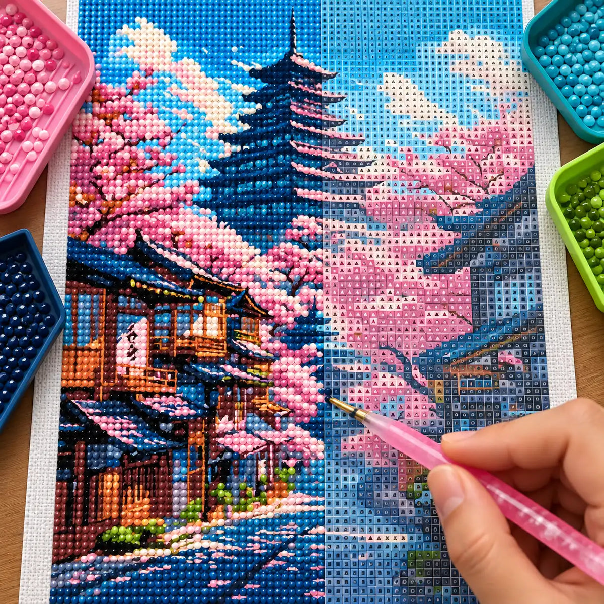 Diamond painting process for Springtime In The Pagoda Village