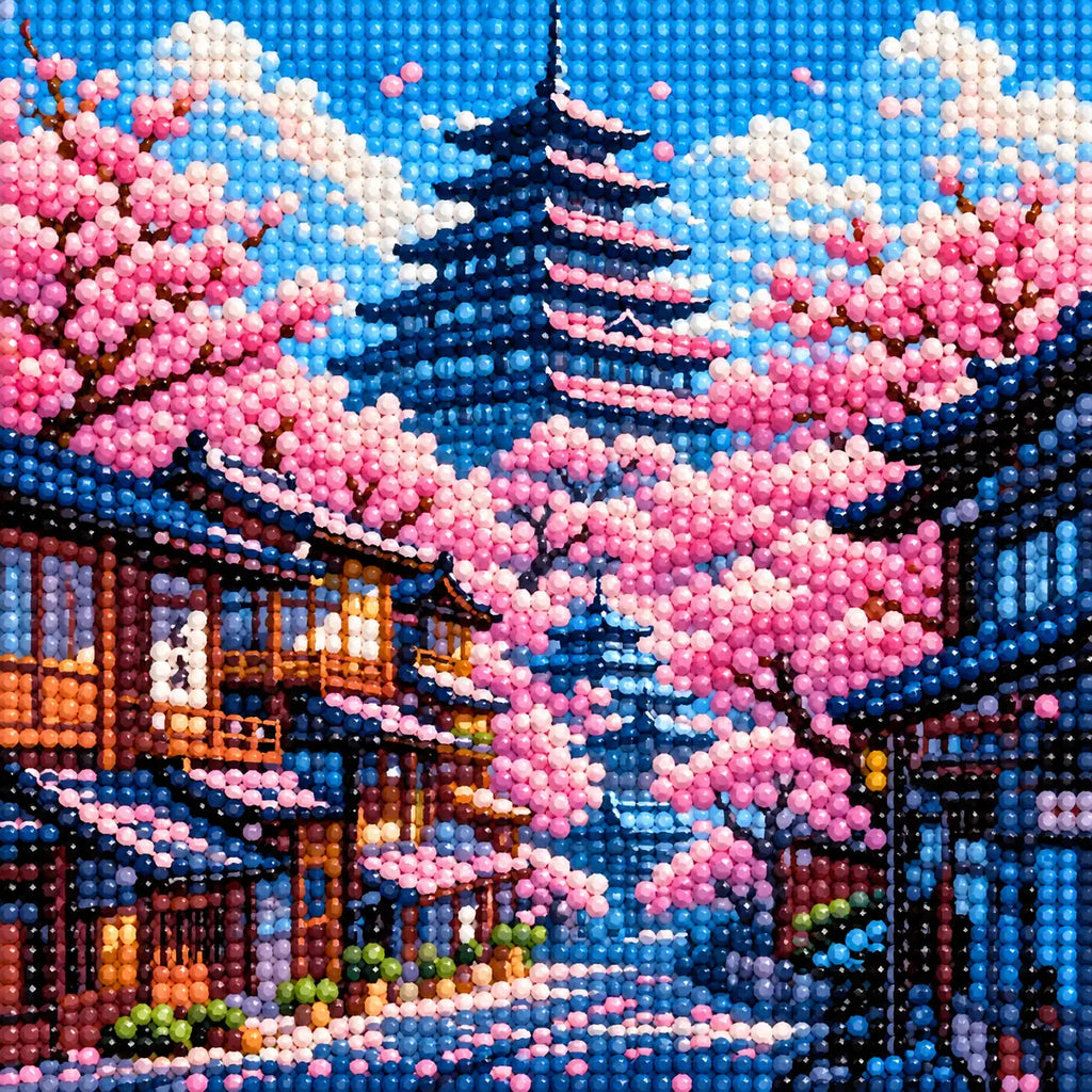 Close-up drill detail of the Springtime In The Pagoda Village diamond painting