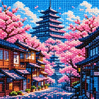 Close-up drill detail of the Springtime In The Pagoda Village diamond painting