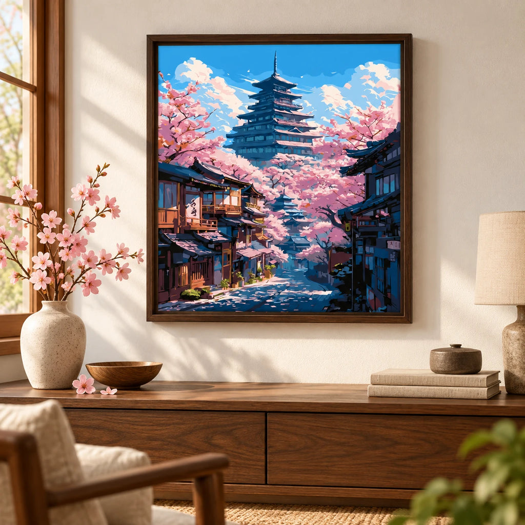 Springtime In The Pagoda Village diamond painting displayed as home decor