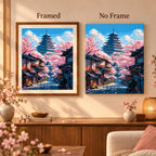 Springtime In The Pagoda Village diamond painting shown framed and unframed