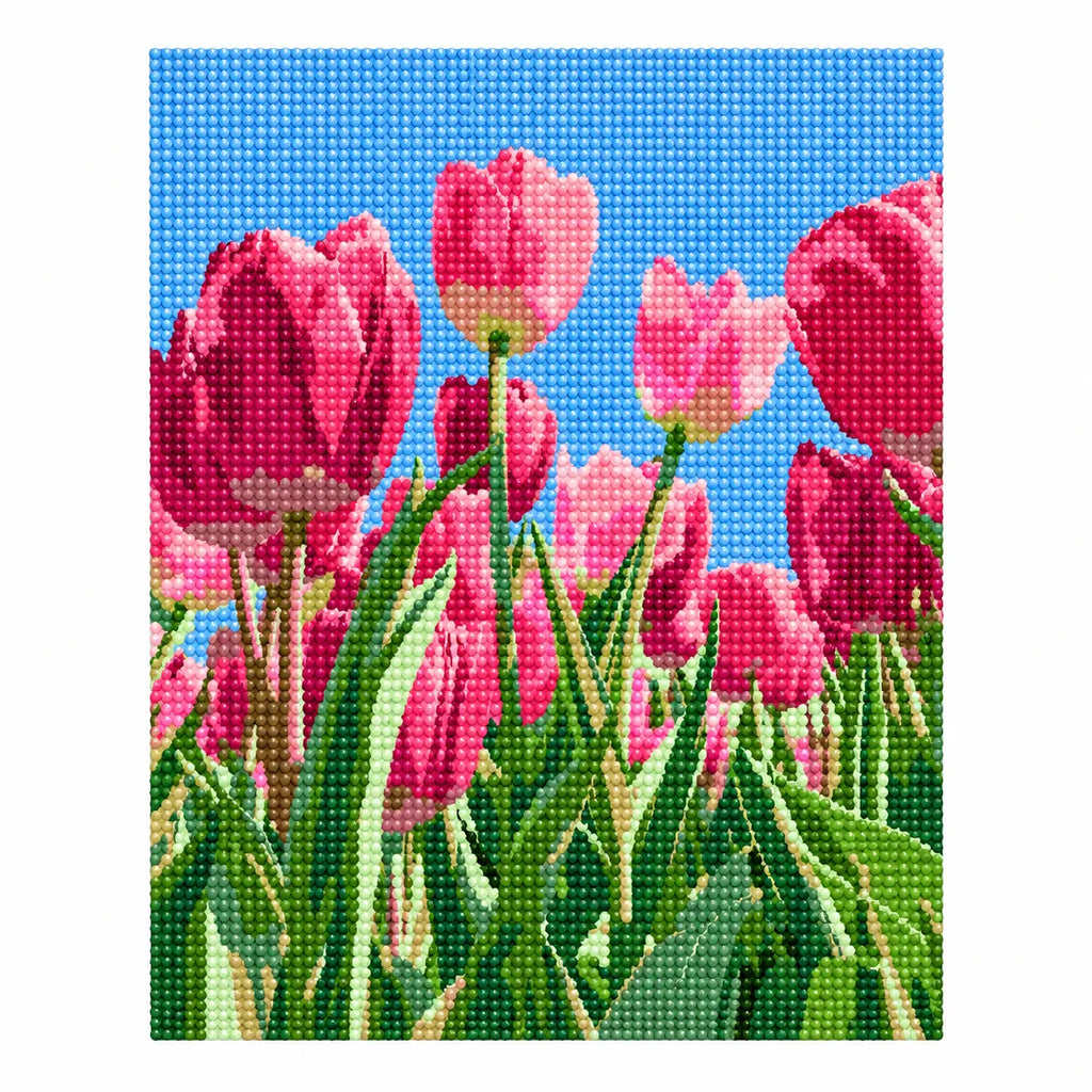 White-background finished diamond painting of Springtime Tulip Bloom