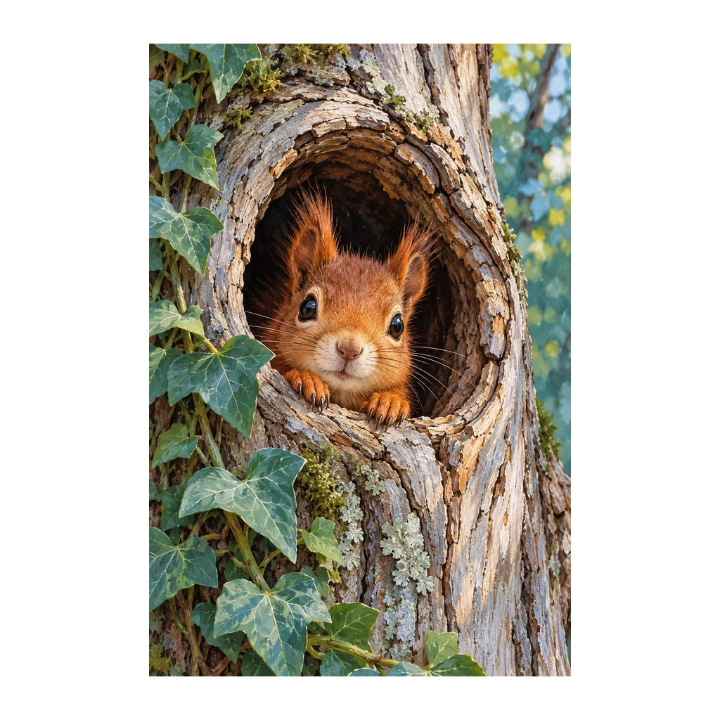 Original white-background artwork of Squirrel Tree Hollow Peek