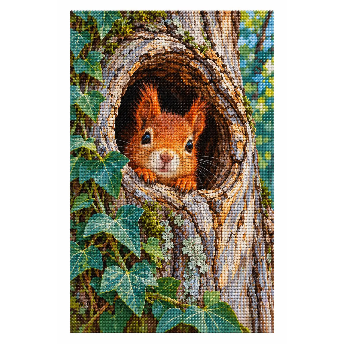 Finished white-background diamond painting of Squirrel Tree Hollow Peek