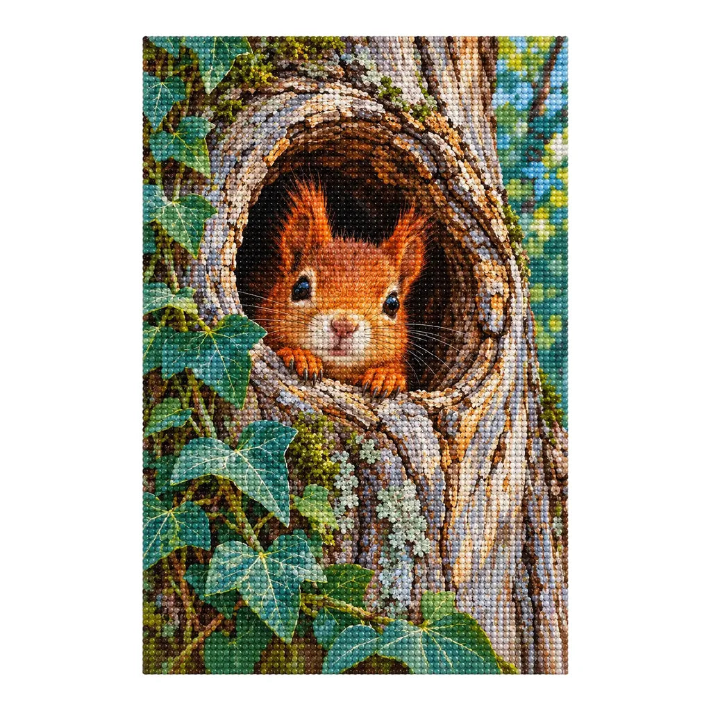 Finished white-background diamond painting of Squirrel Tree Hollow Peek