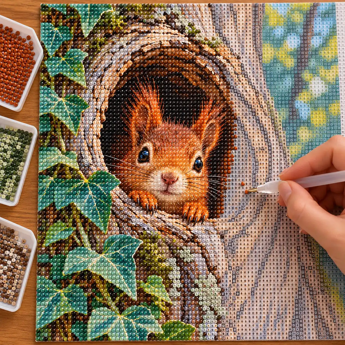 Hands placing drills on the Squirrel Tree Hollow Peek diamond painting canvas