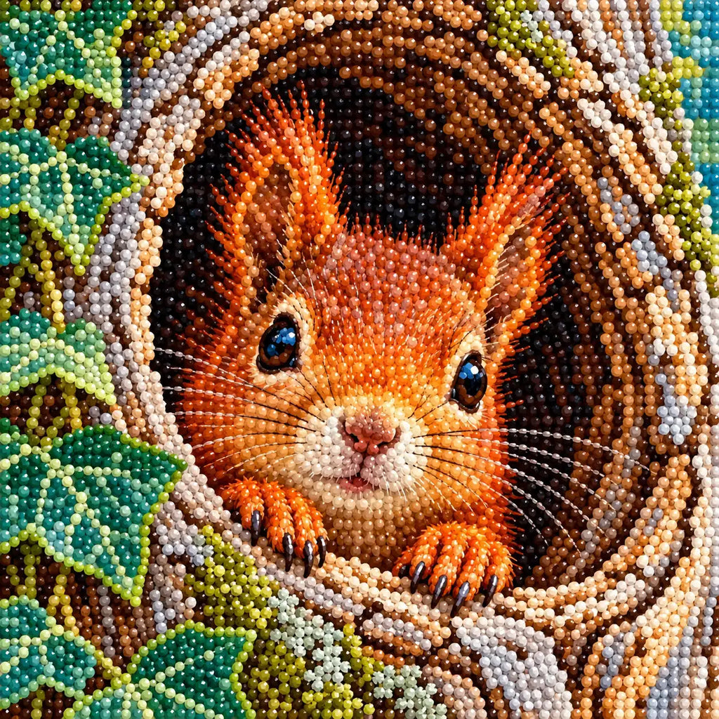 Close-up of sparkling drills on the Squirrel Tree Hollow Peek design