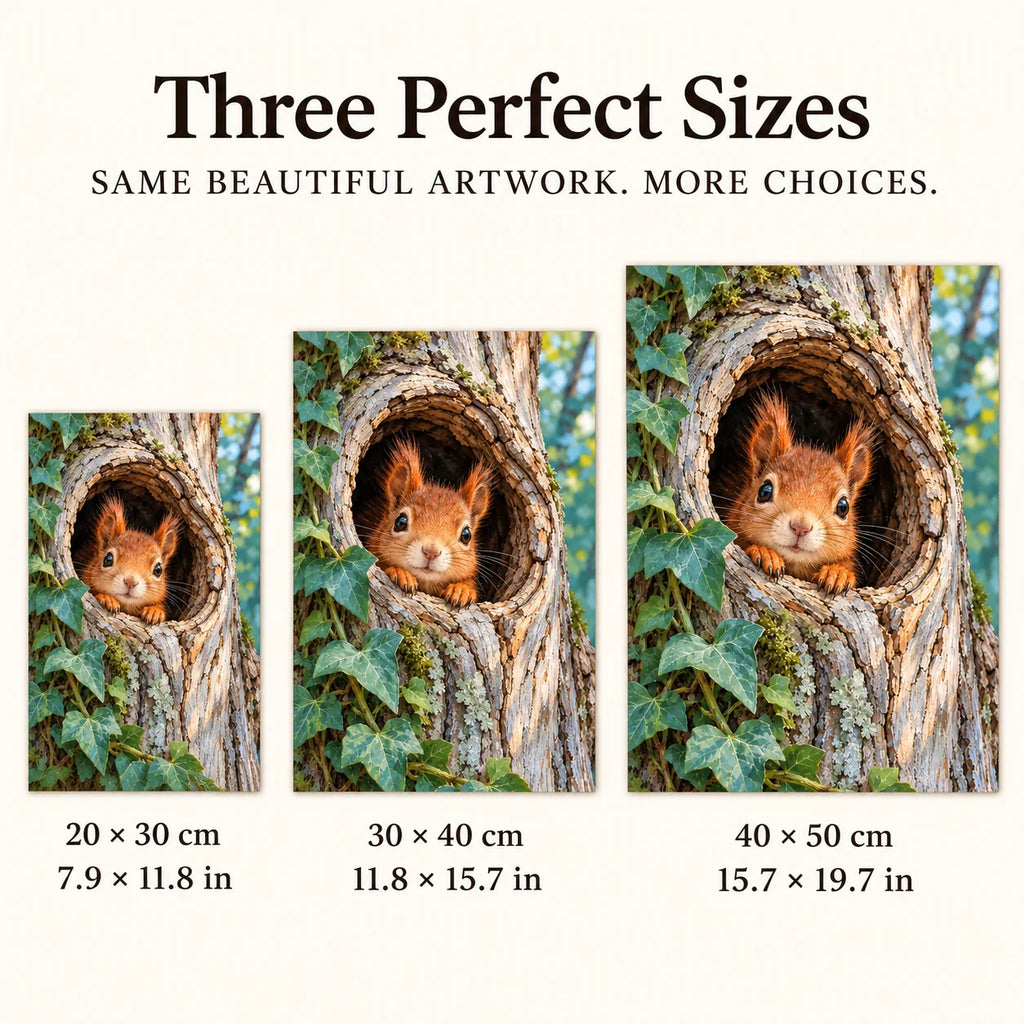 Squirrel Tree Hollow Peek diamond painting in 20 by 30, 30 by 40, and 40 by 50 centimeter sizes