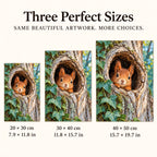 Squirrel Tree Hollow Peek diamond painting in 20 by 30, 30 by 40, and 40 by 50 centimeter sizes
