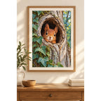 Framed Squirrel Tree Hollow Peek diamond painting displayed in a home interior