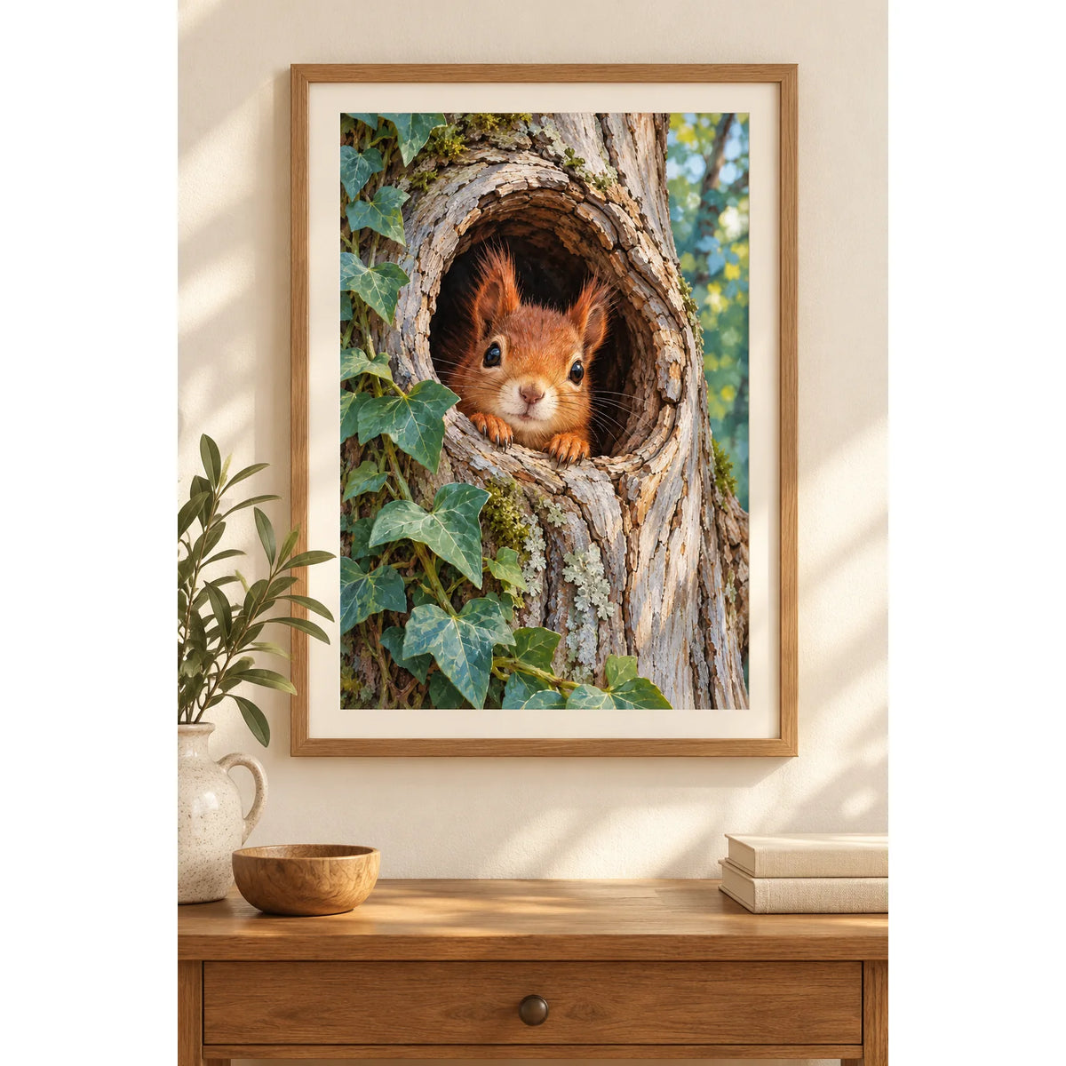 Framed Squirrel Tree Hollow Peek diamond painting displayed in a home interior