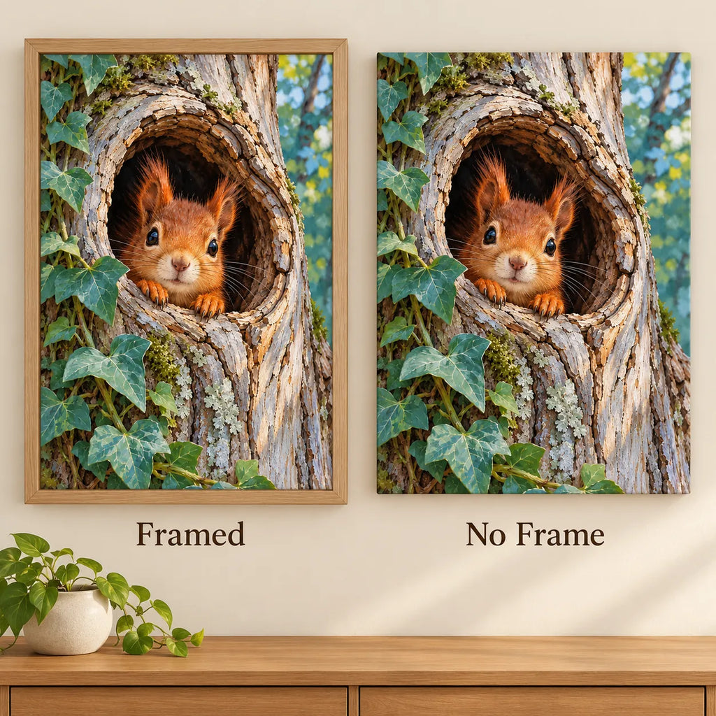 Framed and no-frame options for the Squirrel Tree Hollow Peek diamond painting