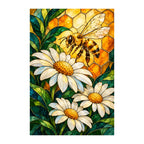 White-background original artwork of a bee and daisies in a stained-glass honeycomb design