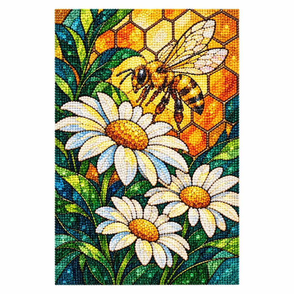 Finished diamond painting of a stained-glass bee and daisies on white