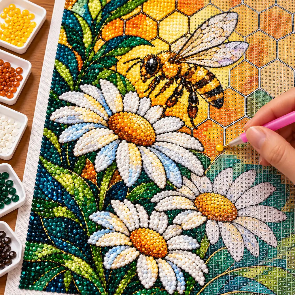Hands applying drills to the stained-glass bee and daisy diamond painting