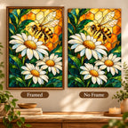 Framed and no-frame options for the stained-glass bee and daisy design