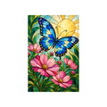 Original white-background artwork of a blue butterfly above pink cosmos flowers in a stained glass garden