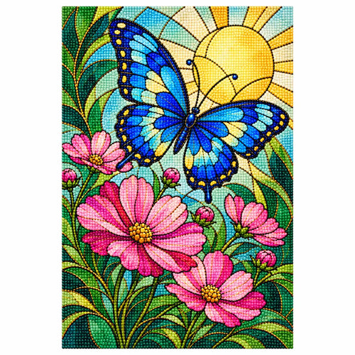 White-background finished diamond painting of a blue butterfly and pink cosmos in stained glass