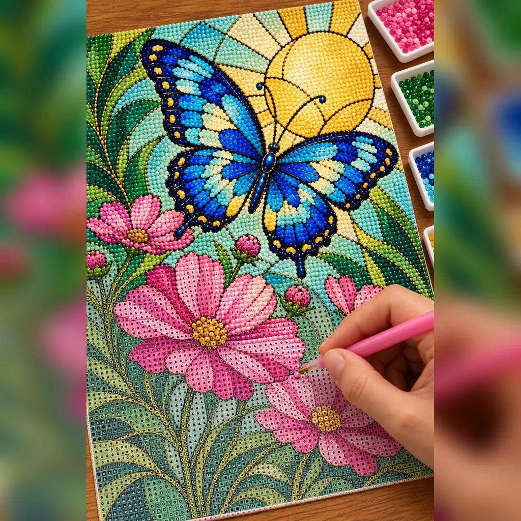 Hands placing drills on the blue butterfly stained glass diamond painting