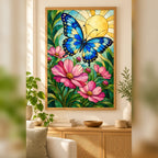 Blue butterfly and pink cosmos diamond painting displayed in a living room