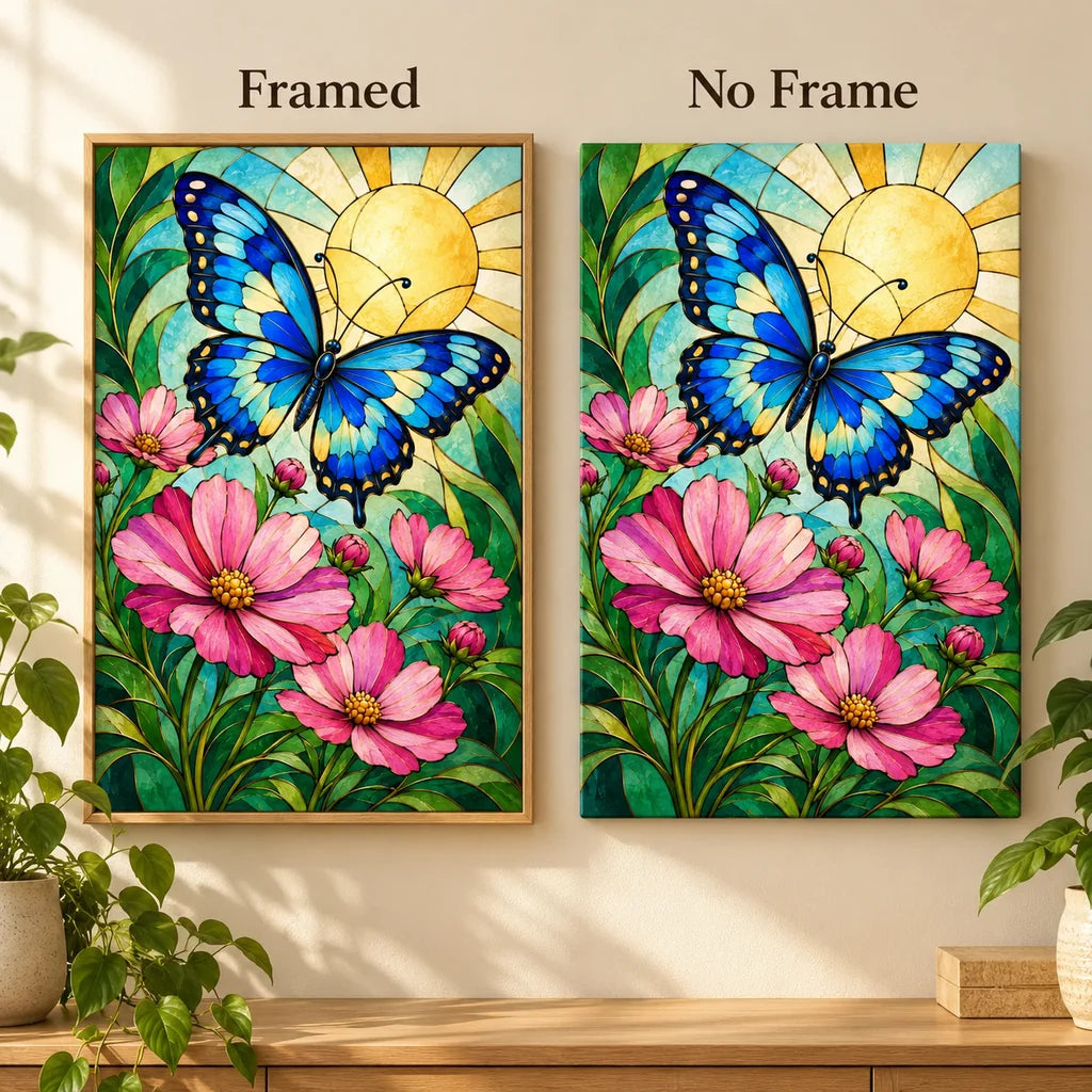 Framed and no-frame options for the blue butterfly stained glass diamond painting