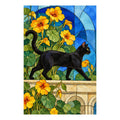 Original artwork of a black cat walking along a stained glass ledge among yellow nasturtiums.