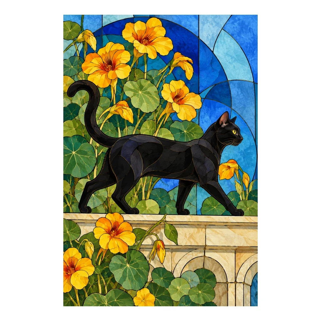 Original artwork of a black cat walking along a stained glass ledge among yellow nasturtiums.