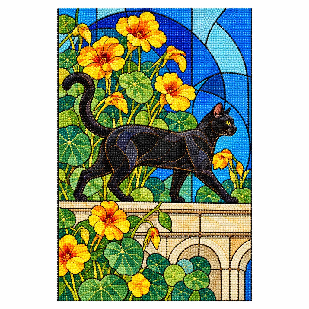 Completed stained glass cat and nasturtium diamond painting.