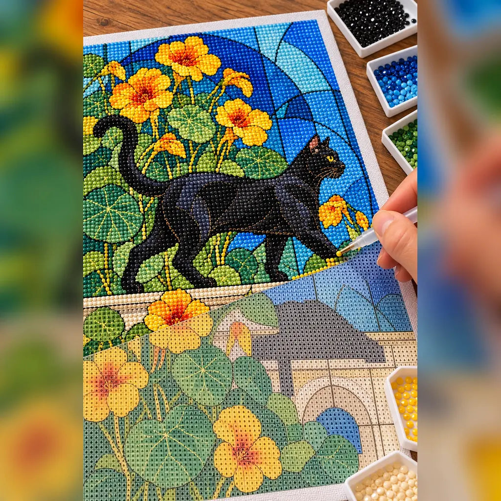 Hands placing drills on the black cat among nasturtiums diamond painting