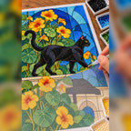 Hands placing drills on the stained glass cat and nasturtium canvas.