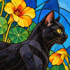 Close-up of diamond drills on the black cat and yellow nasturtium flowers.