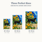 Size guide for the stained glass cat and nasturtium design in three portrait sizes.