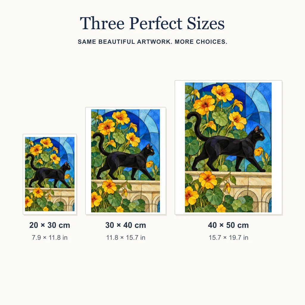 Size guide for the stained glass cat and nasturtium design in three portrait sizes.