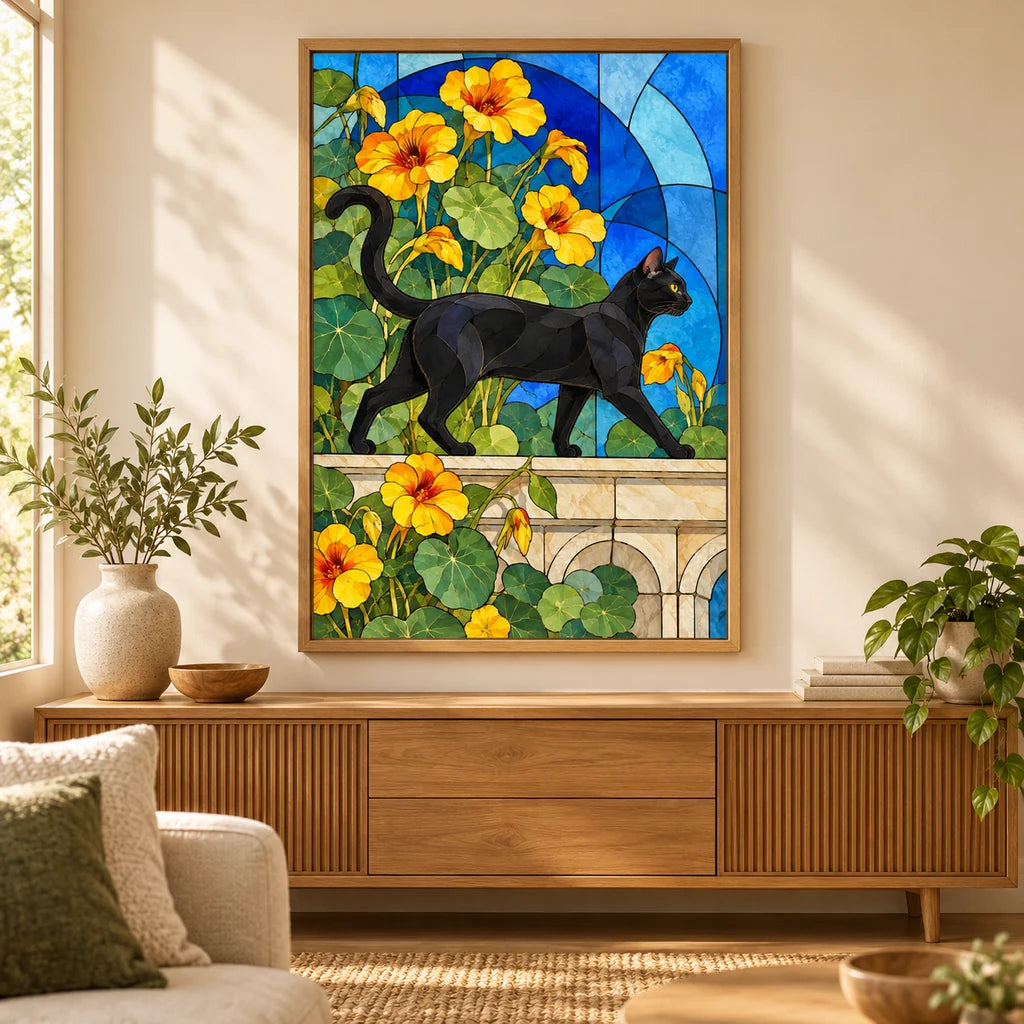 Framed stained glass cat and nasturtium diamond painting displayed at home.
