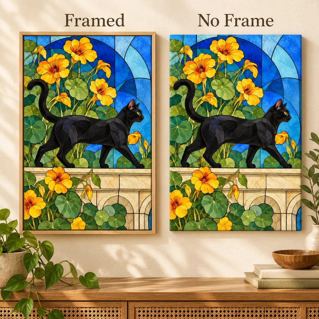 Framed and no-frame options for the stained glass cat diamond painting.