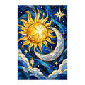White-background original stained-glass artwork of a golden sun and silver crescent moon