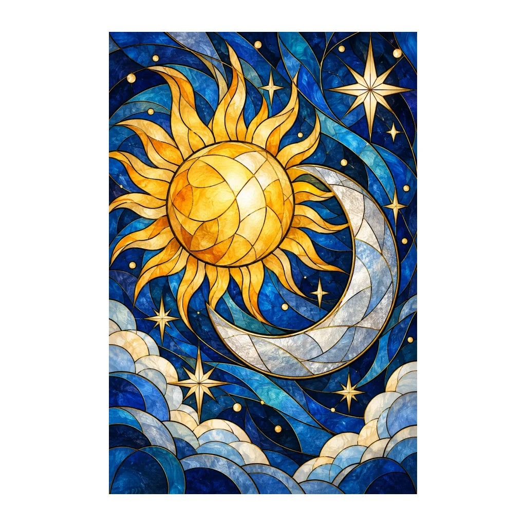 White-background original stained-glass artwork of a golden sun and silver crescent moon