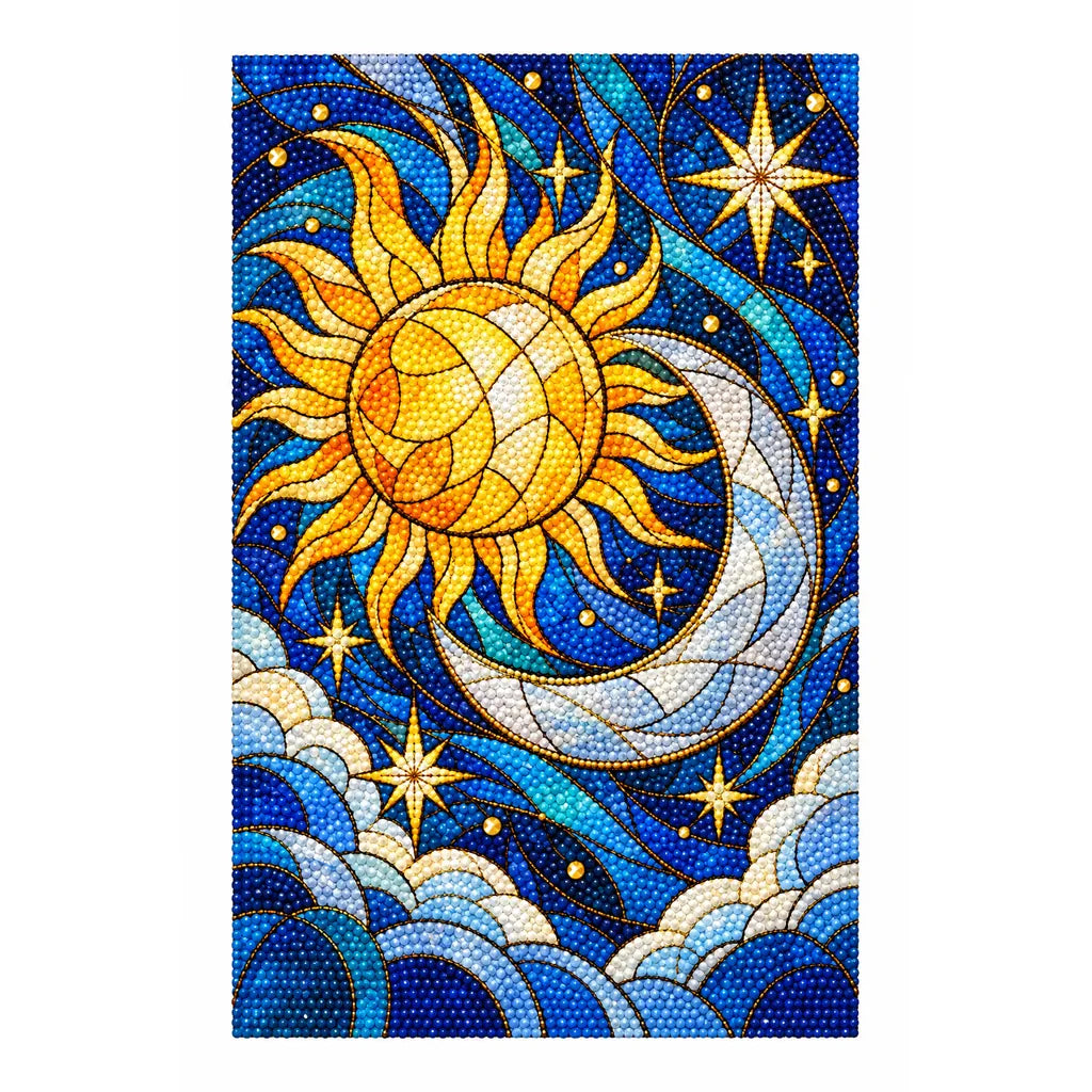Finished diamond painting of the stained-glass sun and moon on white