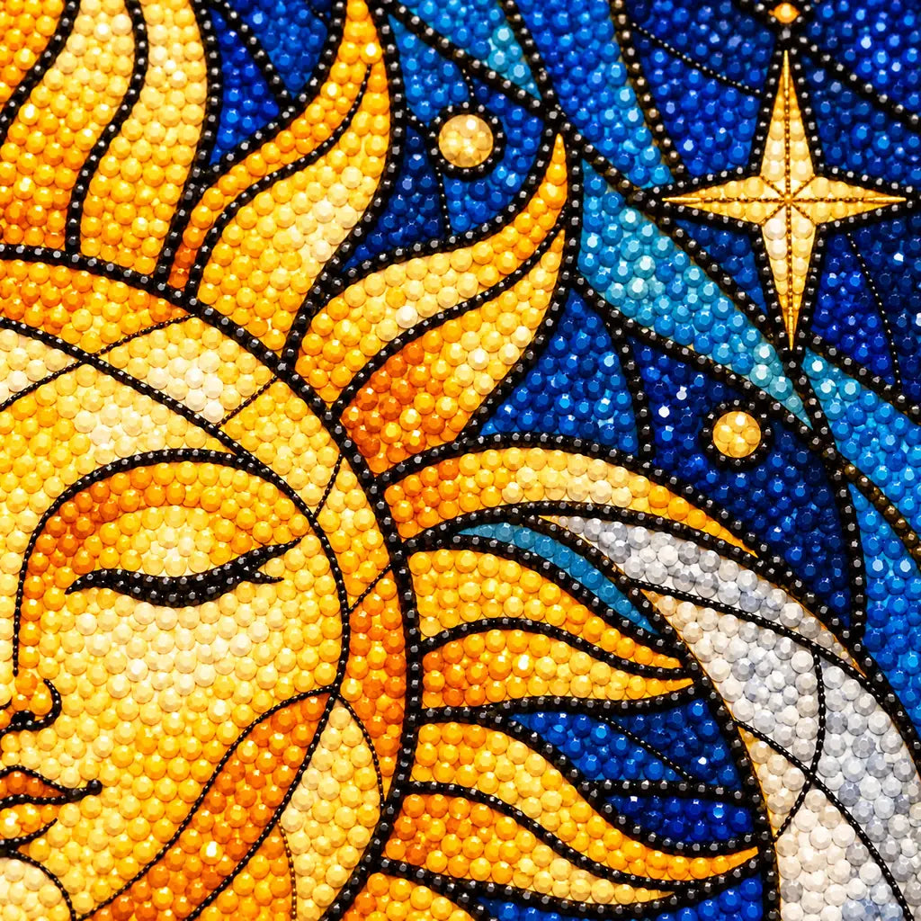 Close-up of diamond drills across the golden sun and starry blue sky