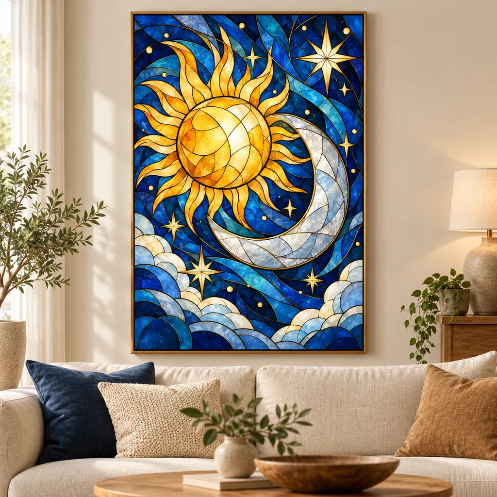 Stained-glass sun and moon diamond painting displayed in a home
