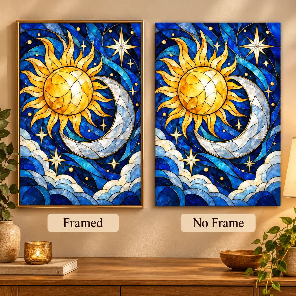 Framed and no-frame options for the stained-glass sun and moon design