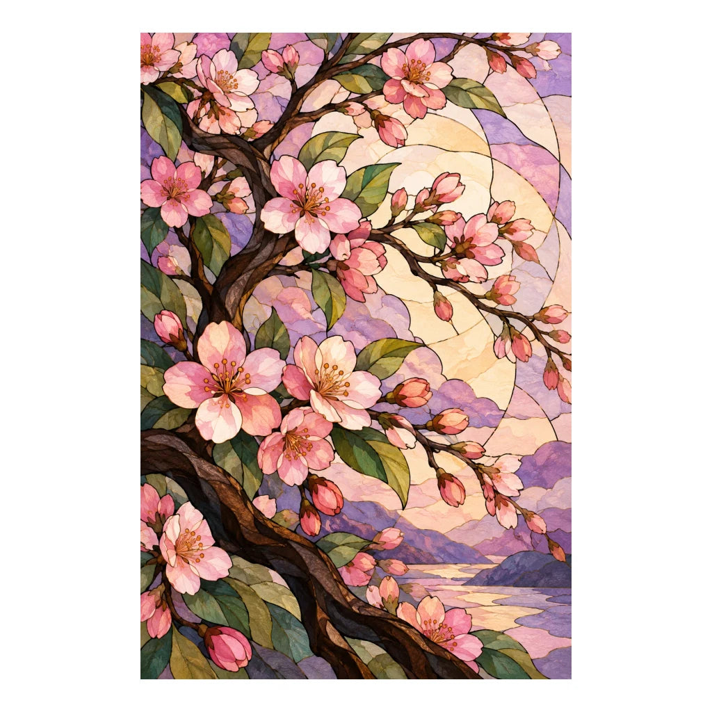 White-background original artwork of pink cherry blossoms in a stained-glass mountain landscape