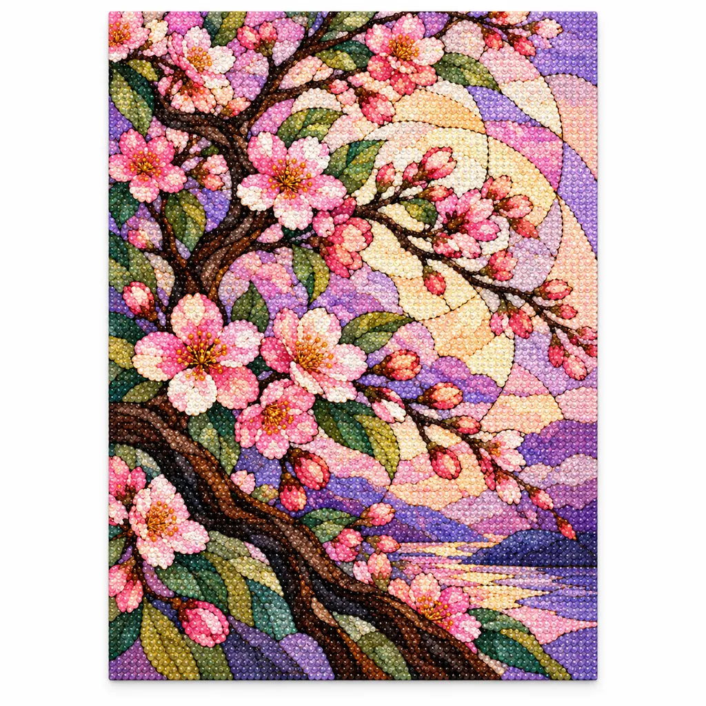 Finished diamond painting of stained-glass cherry blossoms over a mountain stream on white