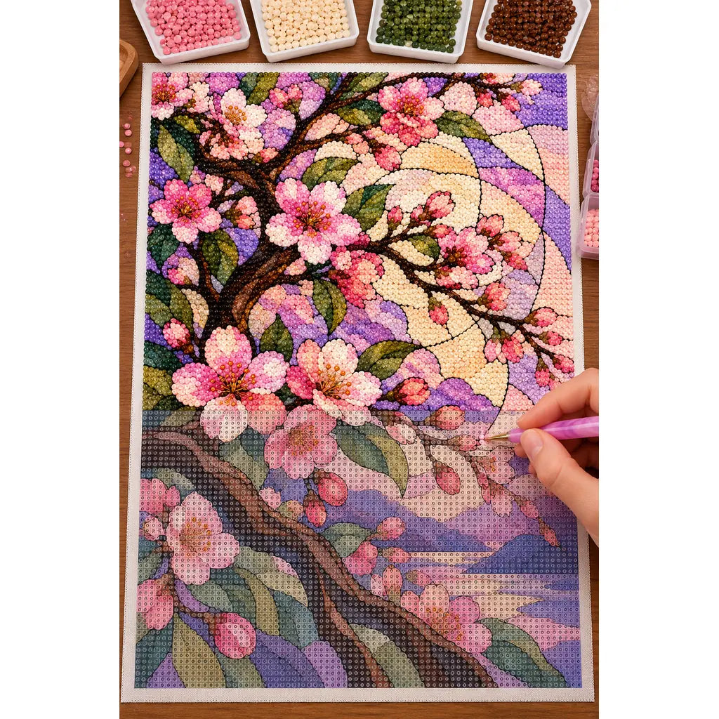 Hands applying drills to the stained-glass cherry blossom diamond painting