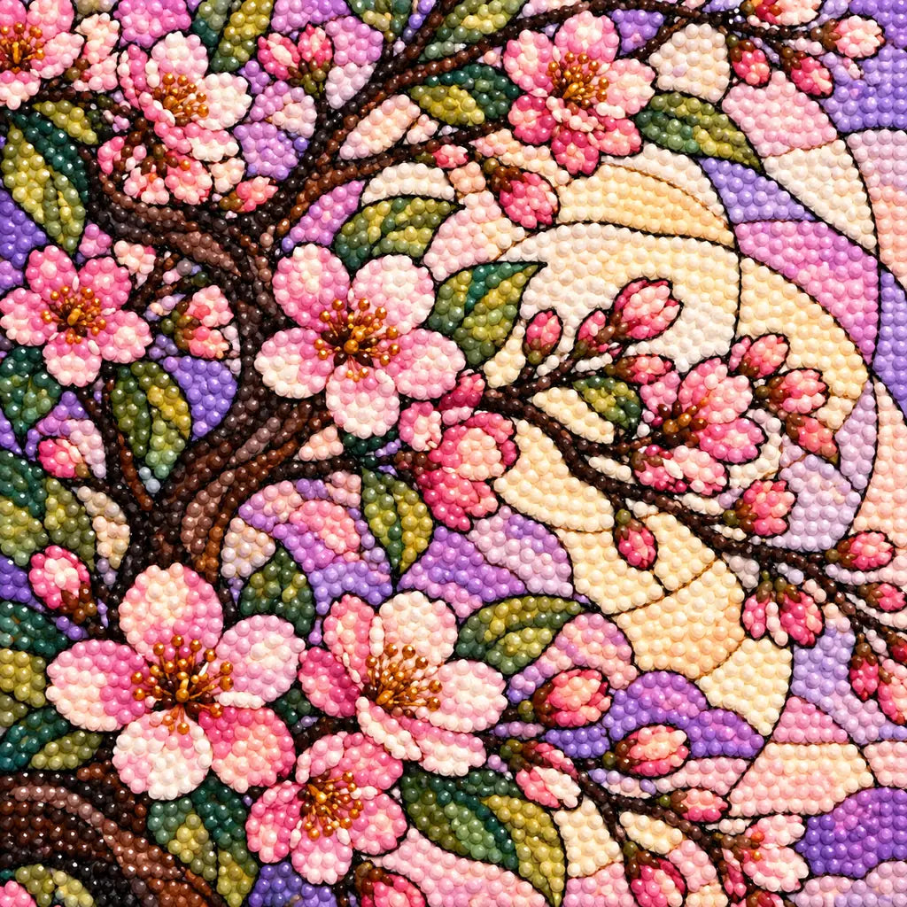 Close-up of diamond drills across pink cherry blossom petals and glass-like panes