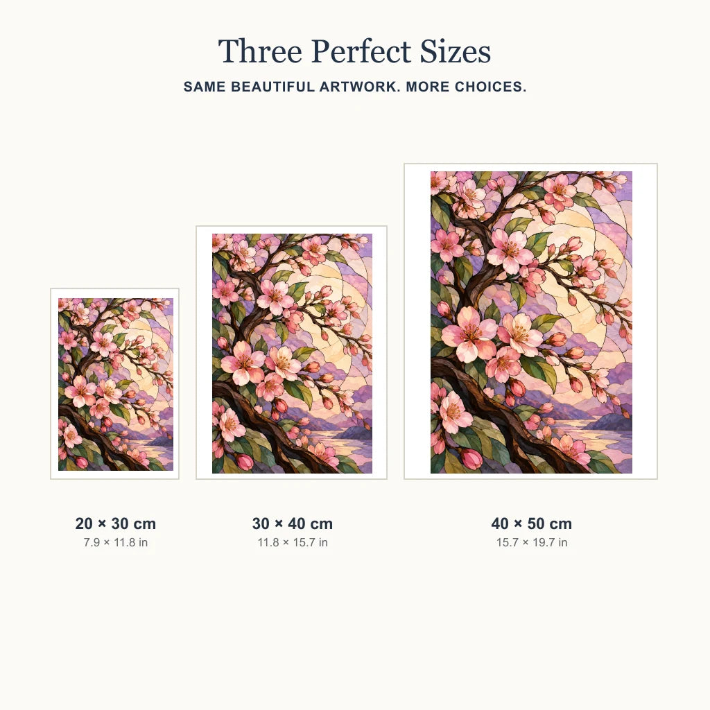 Stained-glass cherry blossom diamond painting sizes: 20 x 30, 30 x 40, and 40 x 50 cm