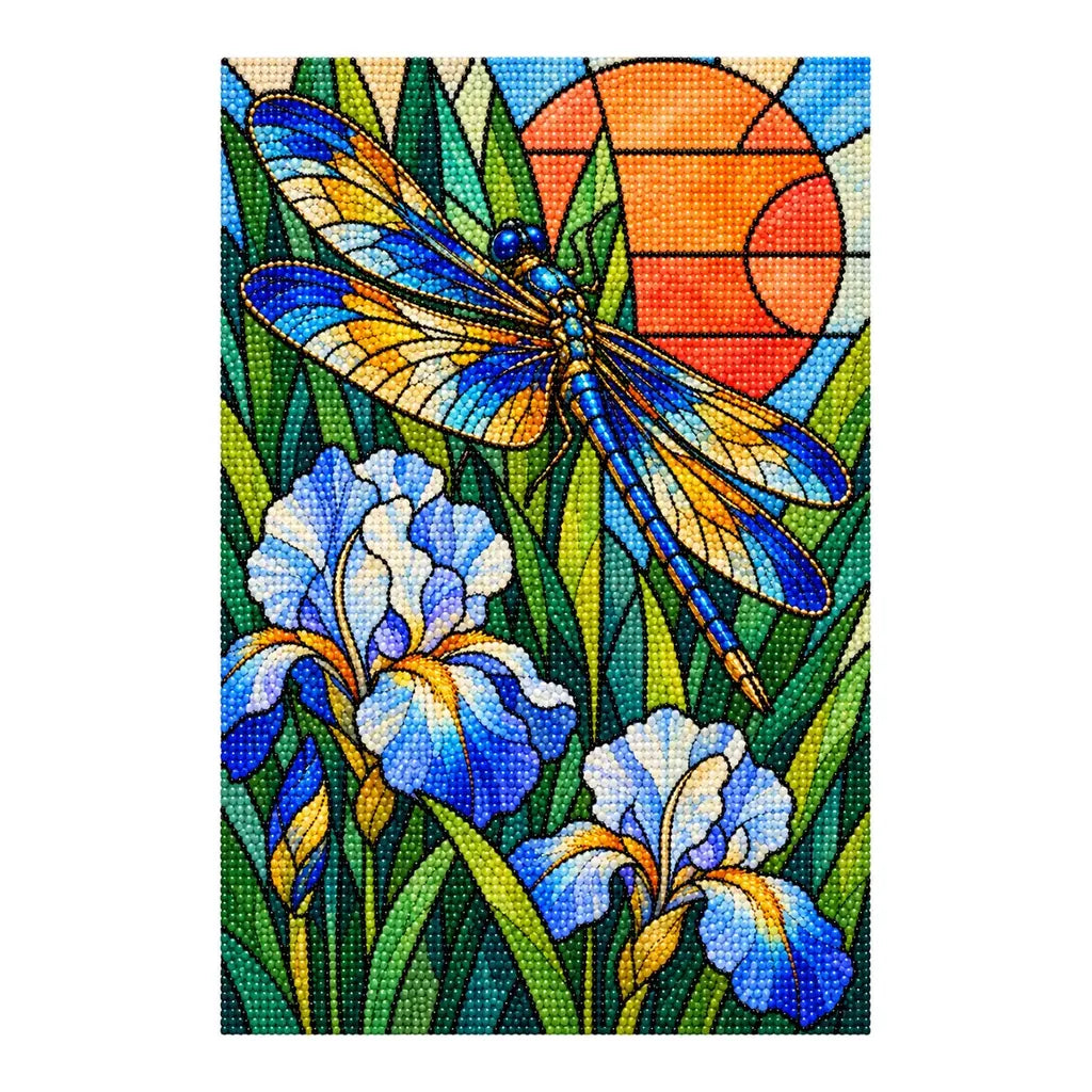 White-background finished diamond painting of a stained glass dragonfly and pale irises