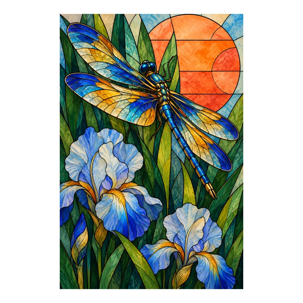 Original white-background artwork of a blue and amber stained glass dragonfly above pale irises