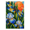 Original artwork of a stained glass dragonfly above white irises.